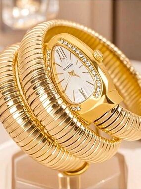 Anthropologie Gold Coil Bracelet Watch with Crystal Accents